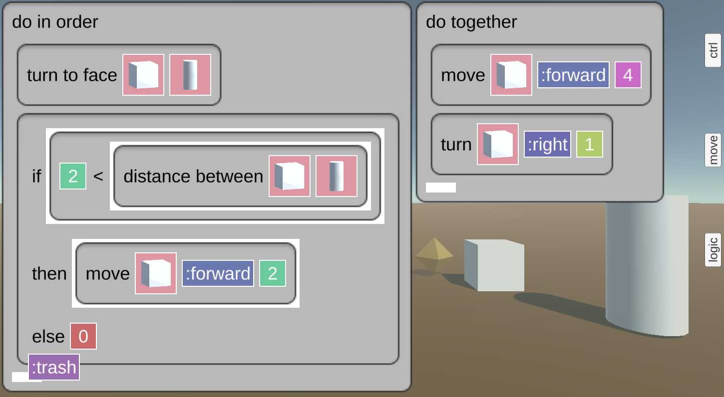 Screen shot showing block-based code, with a cylinder, cube, and yellow octahedron behind
